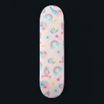 Cute Pink Teal Unicorn Rainbow Floral Stars Skateboard<br><div class="desc">This cute and magical pattern is perfect for the fun-spirited and trendy woman or girl. It features hand-drawn illustrations of unicorns, flowers with leaves, rainbows, and shooting stars on top of a simple blush pink background. The design color theme includes bubblegum pink, blush pink, teal green, periwinkle blue, purple, yellow,...</div>