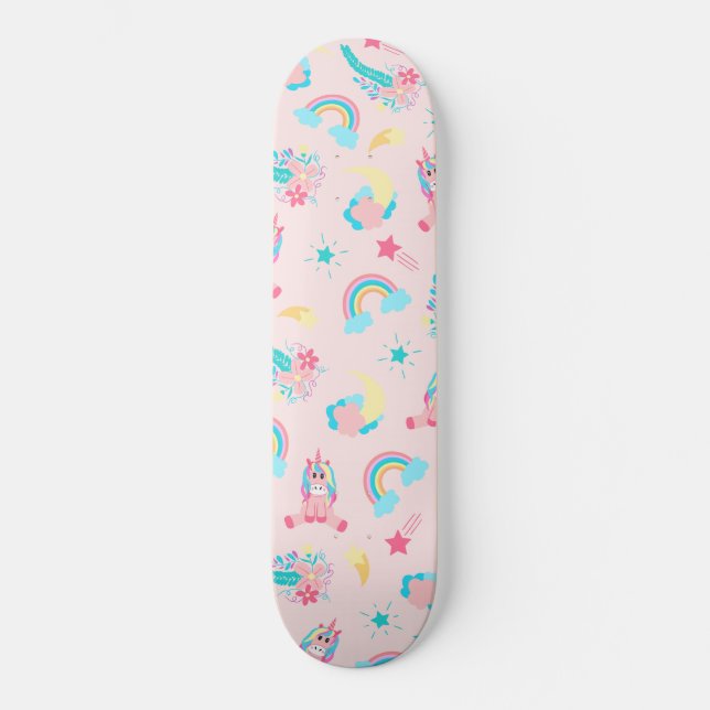 Cute Pink Teal Unicorn Rainbow Floral Stars Skateboard (Front)