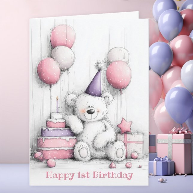 Cute Pink Teddy Bear 1st Birthday Card (Creator Uploaded)