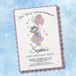 Cute Pink Teddy Bear 1st Birthday Girl Invitation