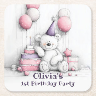 Cute Pink Teddy Bear 1st Birthday Party Coasters