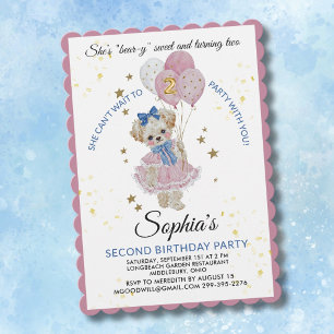 Cute Pink Teddy Bear 2nd Birthday Girl Invitation