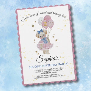 Cute Pink Teddy Bear 2nd Birthday Girl Invitation