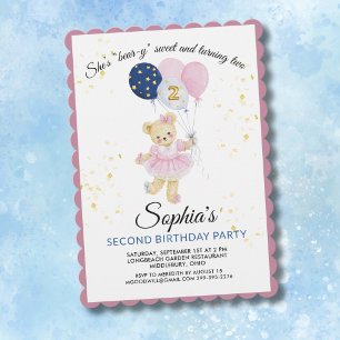 Cute Pink Teddy Bear 2nd Birthday Girl Invitation