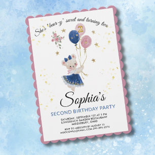 Cute Pink Teddy Bear 2nd Birthday Girl Invitation