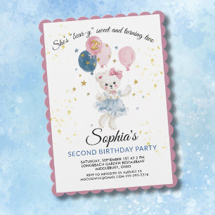 Cute Pink Teddy Bear 2nd Birthday Girl Invitation
