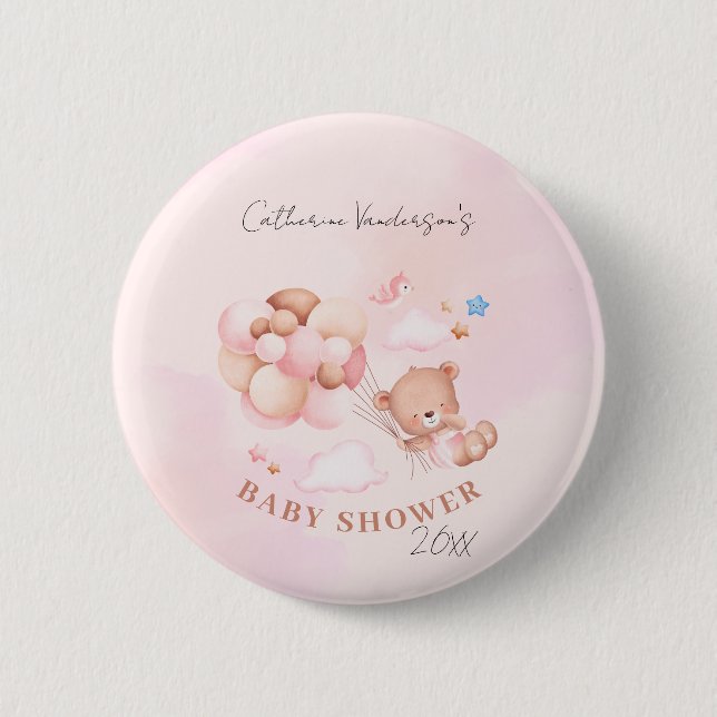 Cute Pink Teddy Bear Baby Shower 6 Cm Round Badge (Front)