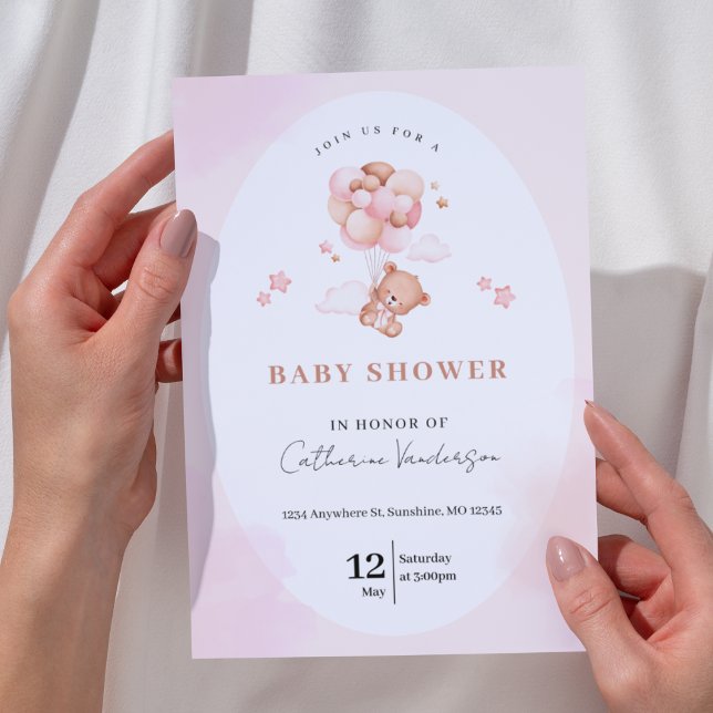 Cute Pink Teddy Bear Baby Shower Invitations (Creator Uploaded)
