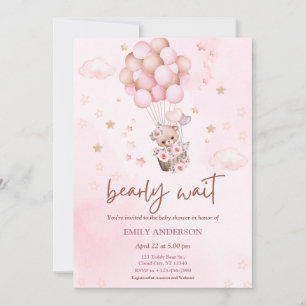 Cute Pink Teddy Bear Balloon Girl Baby Shower Invitation