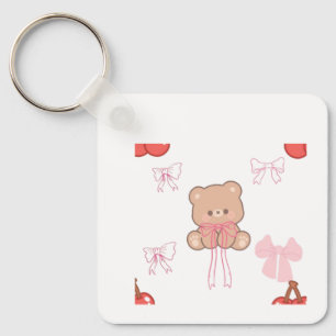 Cute Pink Teddy Bear Bow Coquette Pastel Aesthetic Key Ring