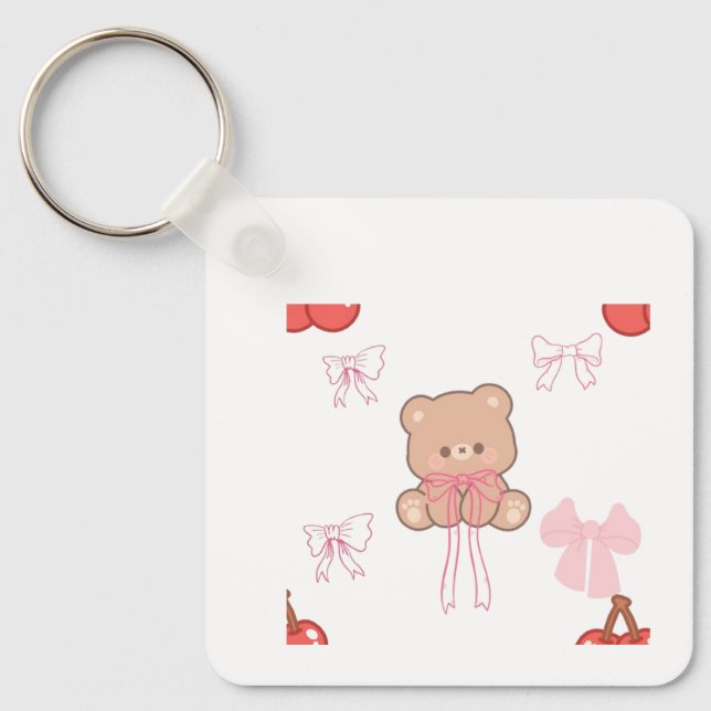 Cute Pink Teddy Bear Bow Coquette Pastel Aesthetic Key Ring (Front)