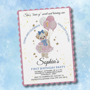 Cute Pink Teddy Bear first Birthday Girl Invitation