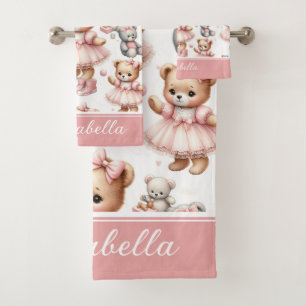 Cute Pink Teddy Bear Girly Personised Bath Towel Set