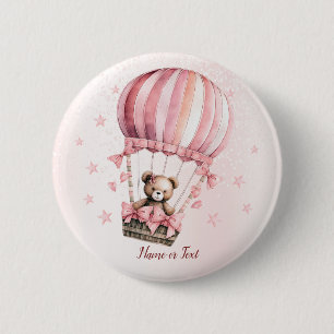 Cute Pink Teddy Bear Hot Air Balloon Party 6 Cm Round Badge