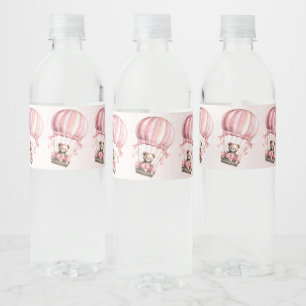 Cute Pink Teddy Bear Hot Air Balloon Party Water Bottle Label