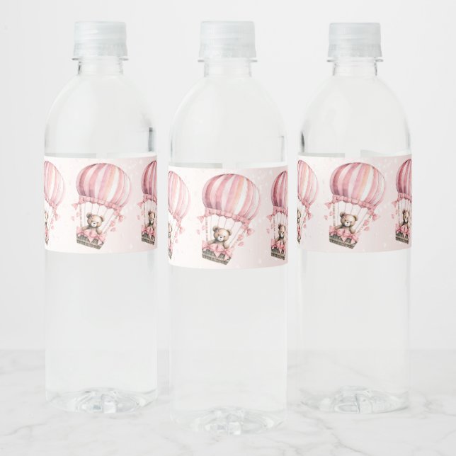 Cute Pink Teddy Bear Hot Air Balloon Party Water Bottle Label (Bottles)