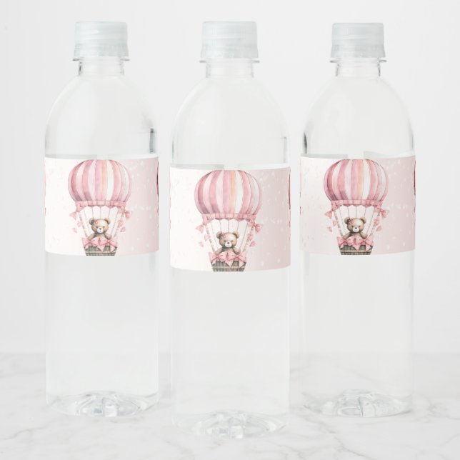 Cute Pink Teddy Bear Hot Air Balloon Party Water Bottle Label (Bottles)