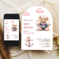 Cute Pink Teddy Bear Nautical Girl Baby Shower