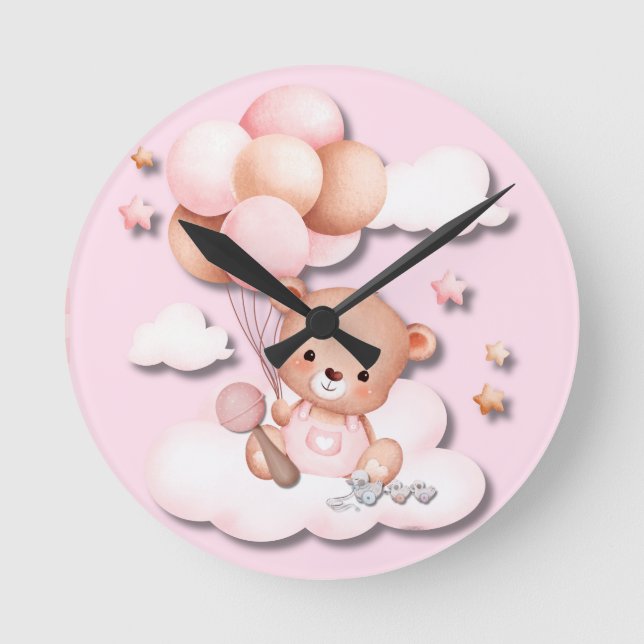 Cute Pink Teddy Bear Nursery Wall Clock  (Front)