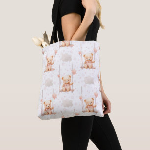 CUTE PINK TEDDY BEAR ON A SWING TOTE BAG