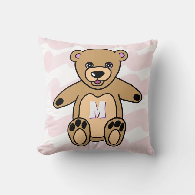 Cute Pink Teddy Bear Pattern Monogram Cushion (Front)