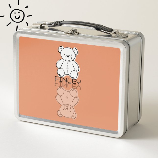 Cute Pink Teddy Bear Reflection Doodle Custom Name Metal Lunch Box (Creator Uploaded)