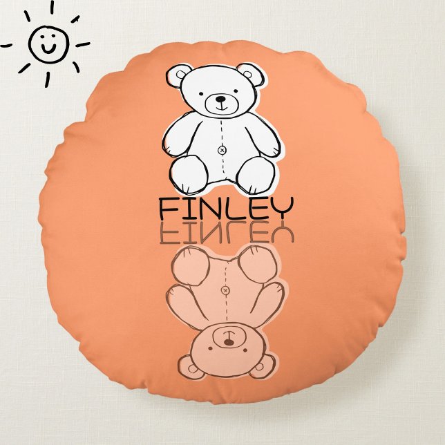 Cute Pink Teddy Bear Reflection Doodle Custom Name Round Cushion (Creator Uploaded)