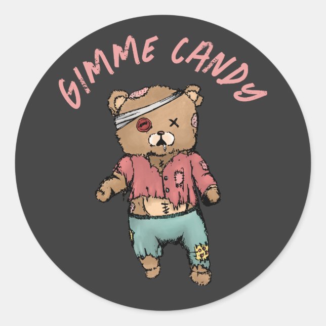 Cute Pink Teddy Bear Zombie Gimme Candy Halloween Classic Round Sticker (Front)