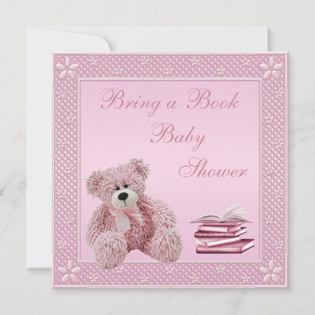 Cute Pink Teddy Bring a Book Baby Shower Invitation (Front)