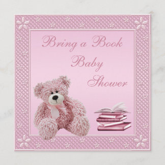 Cute Pink Teddy Bring a Book Baby Shower Invitation