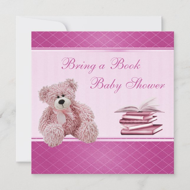 Cute Pink Teddy Elegant Bring a Book Baby Shower Invitation (Front)