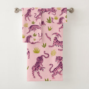 Cute Pink Tigers Tropical Leaves Abstract Animal Bath Towel Set