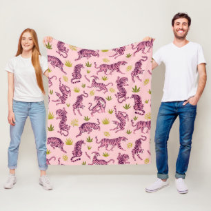 Cute Pink Tigers Tropical Leaves Abstract Animal Fleece Blanket