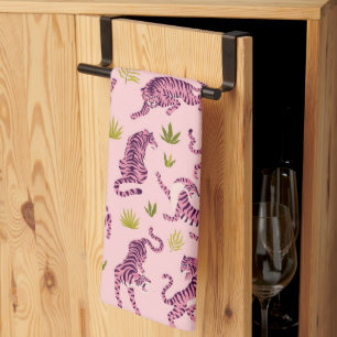 Cute Pink Tigers Tropical Leaves Abstract Animal Tea Towel