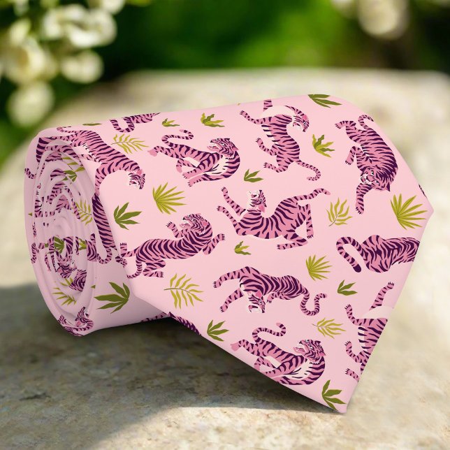 Cute Pink Tigers Tropical Leaves Abstract Animal Tie (Creator Uploaded)