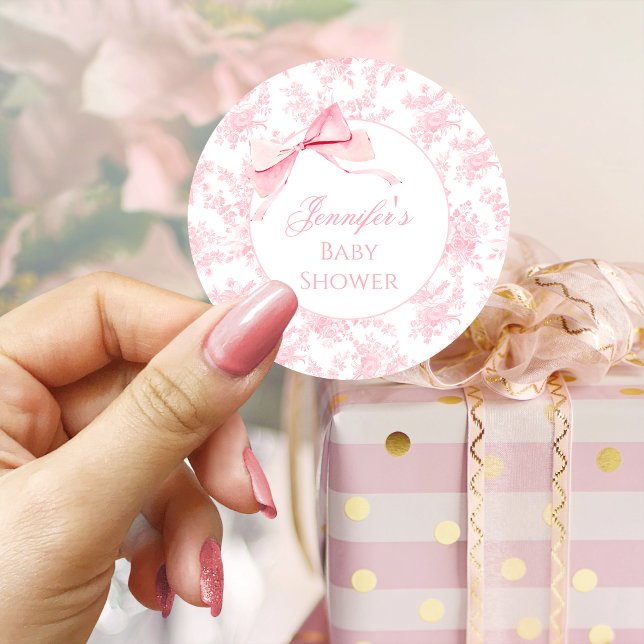 Cute Pink Toile Bow Ribbon Baby Girl Shower  Classic Round Sticker (Creator Uploaded)