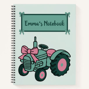 Cute Pink Tractor with Bow Custom Name Farm Notebook