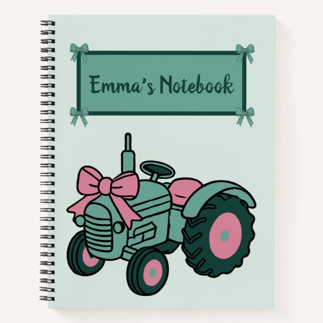 Cute Pink Tractor with Bow Custom Name Farm  Notebook (Front)