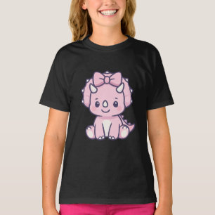 Cute Pink Triceratops Dinosaur with Bow – Cartoon T-Shirt