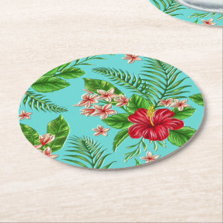Cute Pink Tropical Hibiscus Flower On Turquoise Round Paper Coaster