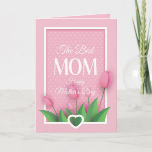 Cute Pink Tulip and White Hearts Mother's Day Card