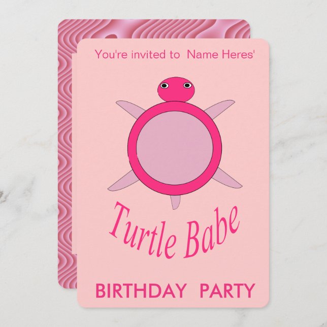 Cute Pink Turtle Babe Birthday Party Invitation (Front/Back)