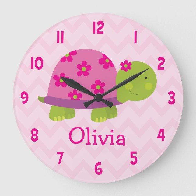 Cute Pink Turtle Personalised Nursery Wall Clock (Front)