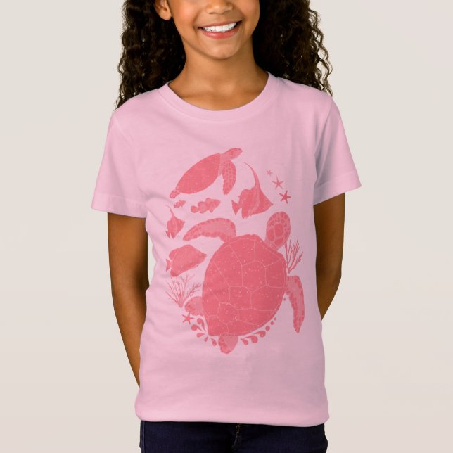 Cute Pink Turtles and Fishes Ocean Print T-Shirt (Front)