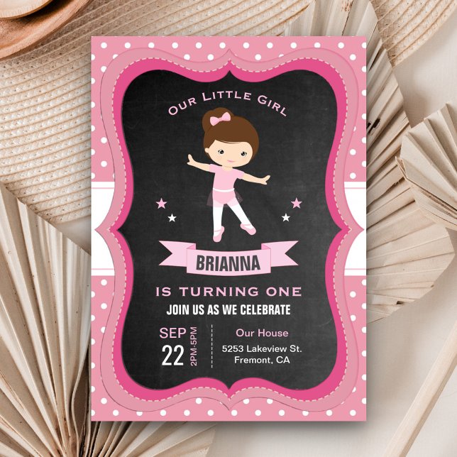 Cute Pink Tutu Girl Ballerina First Birthday Party Invitation (Creator Uploaded)