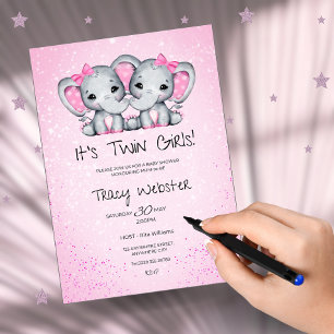 Cute, Pink Twin Baby Elephants Baby Shower Invitation
