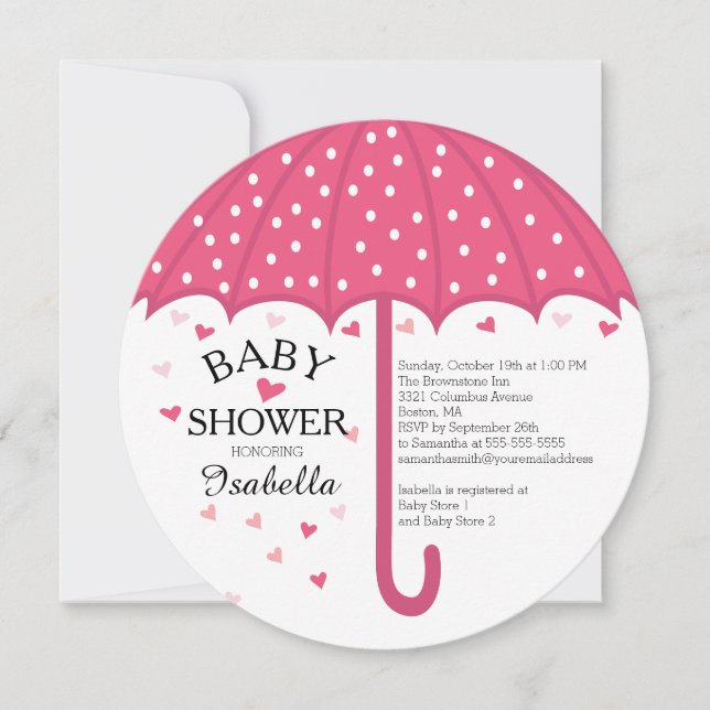 Cute Pink Umbrella Girls Baby Shower Invitation (Front)