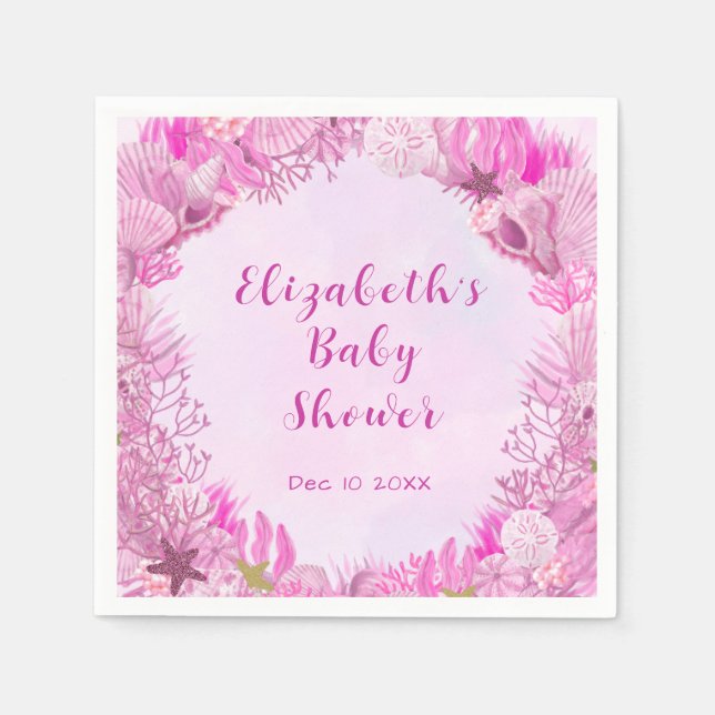 Cute Pink Under the Sea Girl Baby Shower Napkin (Front)