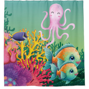 Cute Pink Under The Sea Octopus Shower Curtain