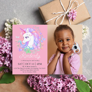 Cute Pink Unicorn All Ages Photo Kids Birthday Invitation